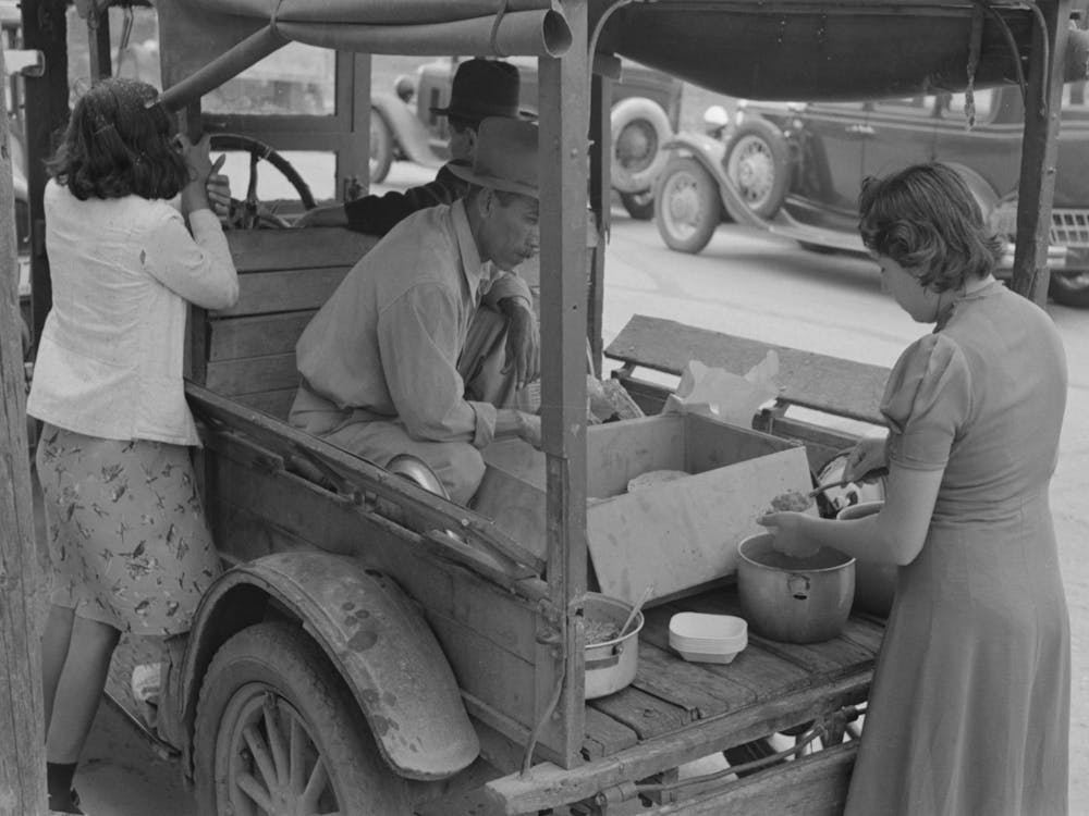 Mexican Lunch Wagon Serving Tortillas And Fried Beans To Workers In Pecan Shelling Plant, San Antonio, Texas By