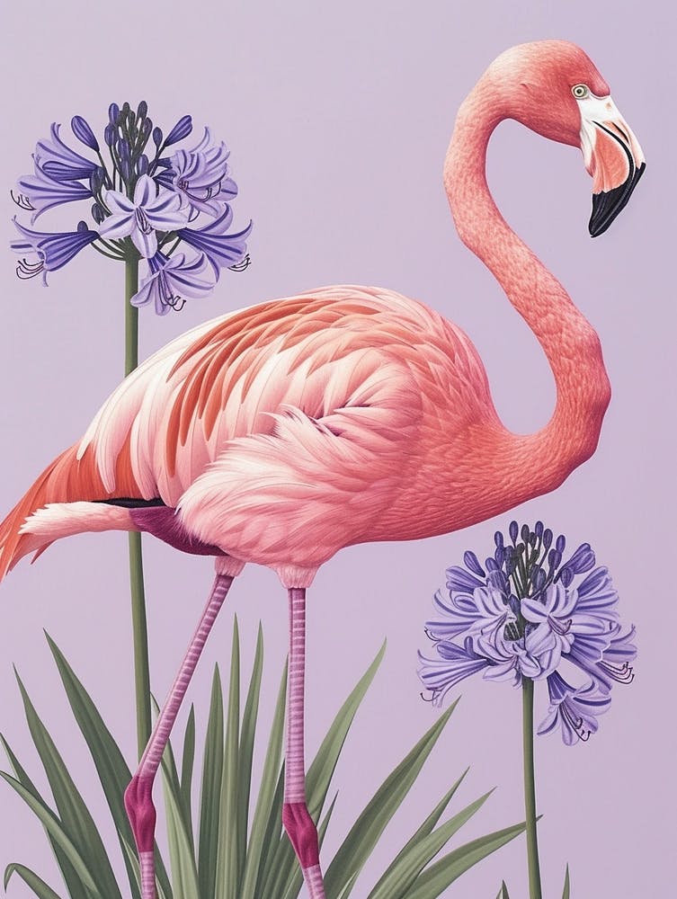 American Flamingo And Agapanthus Minimalist Illustration 2