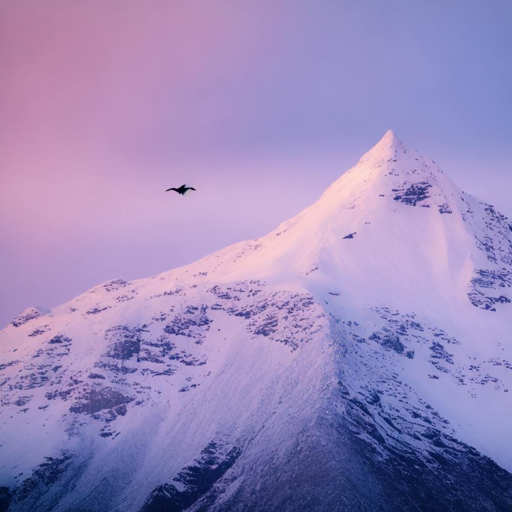 A Snow Covered Mountain Peak Glistening In The Pale Light Of Dawn With A Lone Eagle Soaring Majest (2)