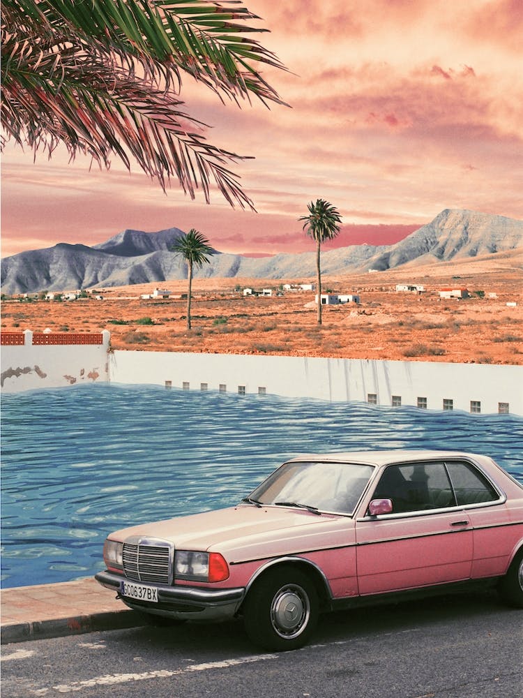 Pink Vintage Car In Front Of The Pool With Palm Trees