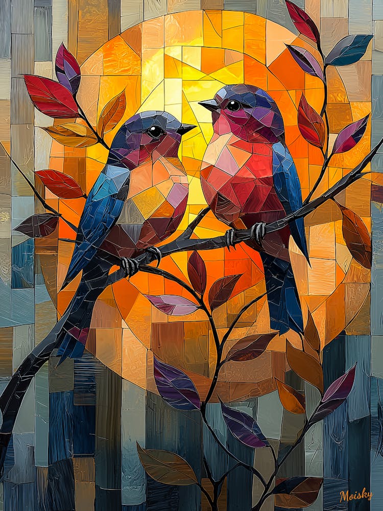 Birds On A Branch, Cubism in Stained Glass Style