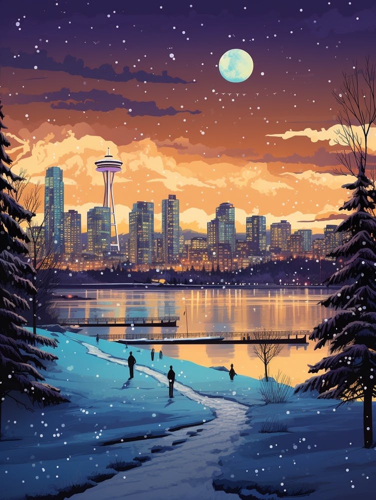 Winter Travel Night Illustration Vancouver Canada 1