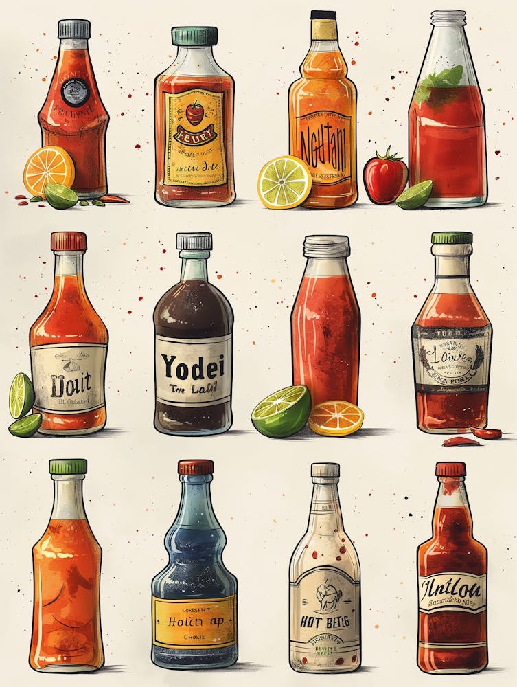 Various Hot Sauce Bottles Kitchen