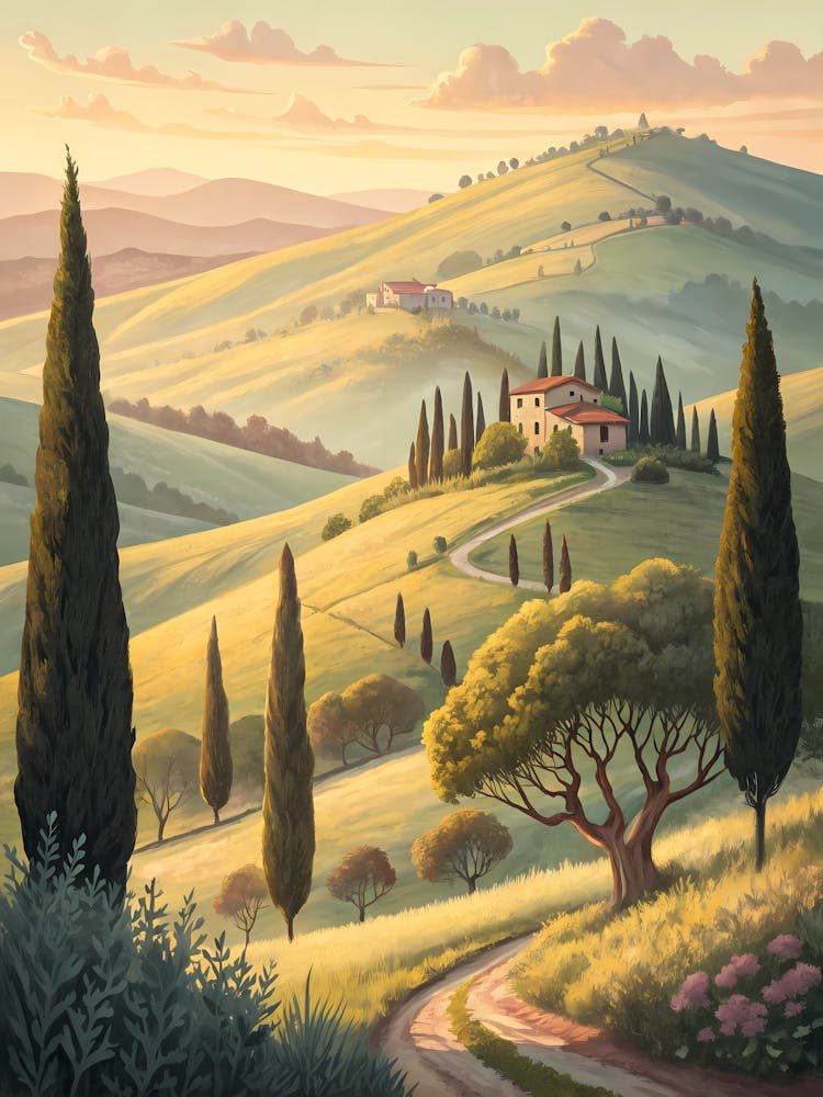 Oil Painting Style Gentle Hills And Cypress Trees