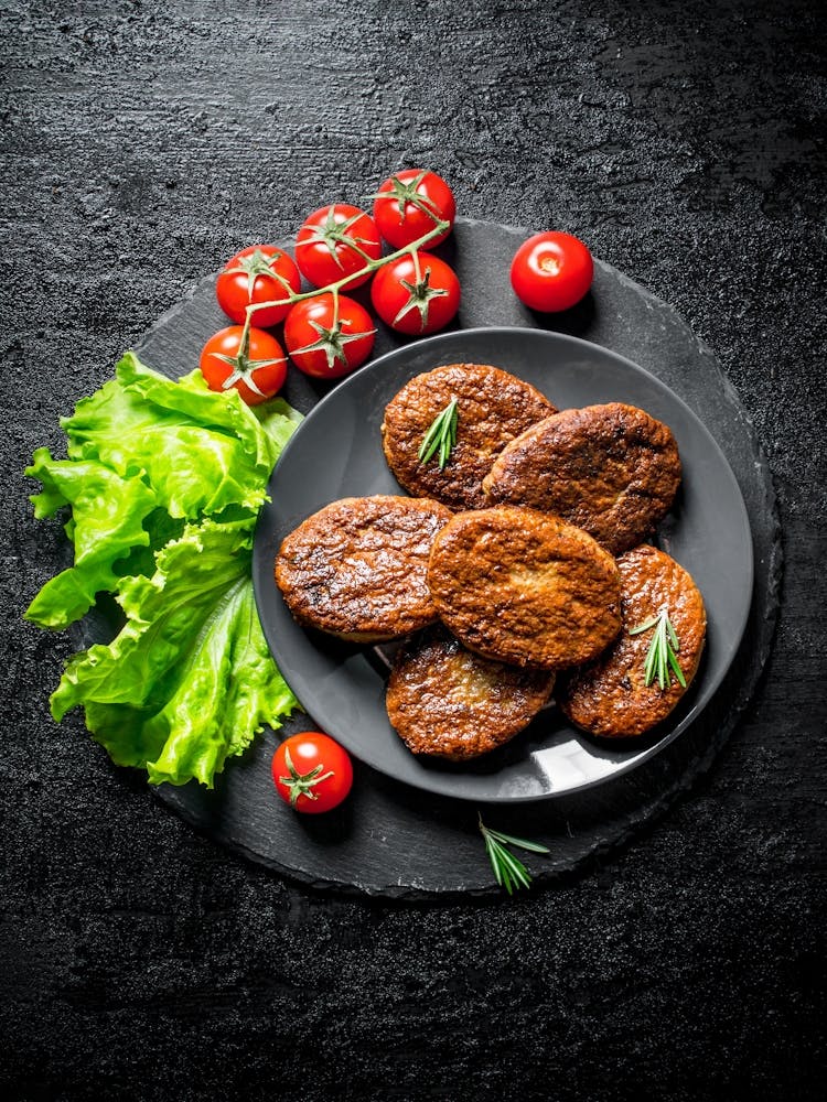 Cutlets with cherry tomatoes — Food kitchen poster/blackboard, photo art