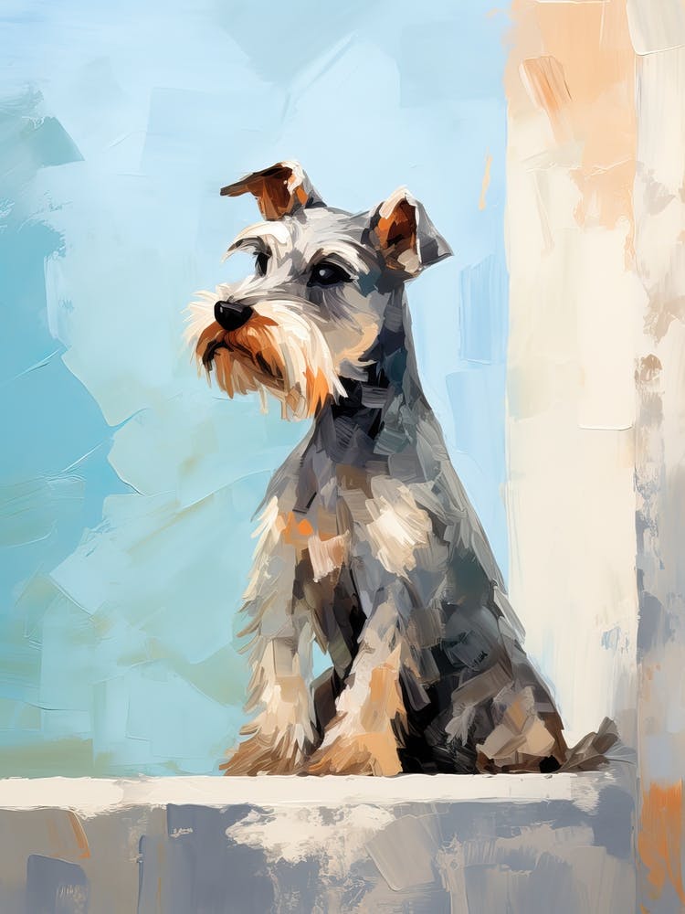Miniature Schnauzer Dog, Painting In Light Teal And Brown 1