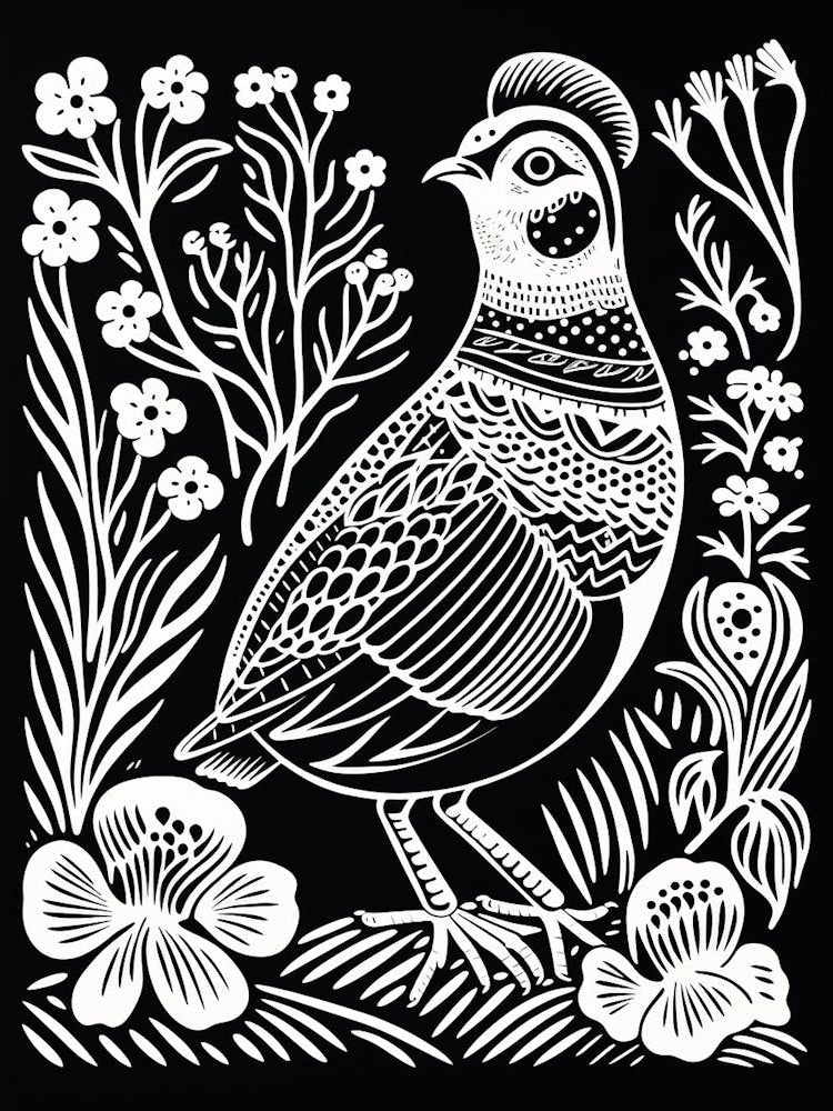 B&W Bird Linocut Partridge 1