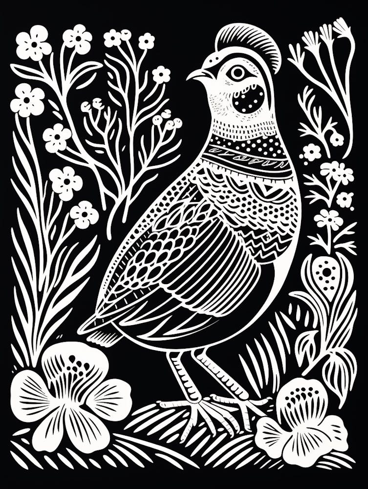 B&W Bird Linocut Partridge 1