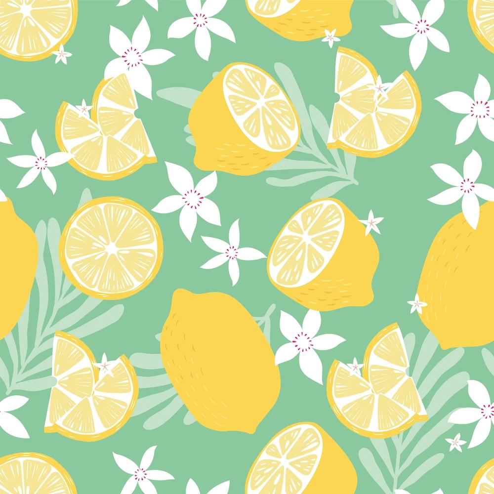 Lemon Pattern On Green With Flowers And Florals Square