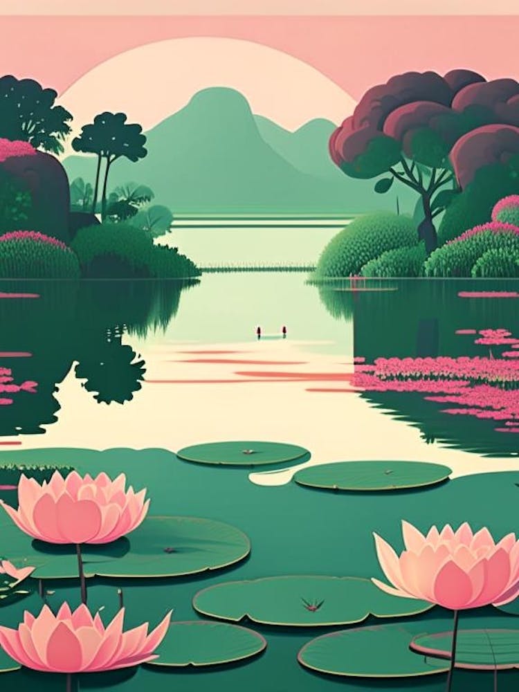 Seerosenteich Landschaften Wasserlandschaft Retro Illustration 1