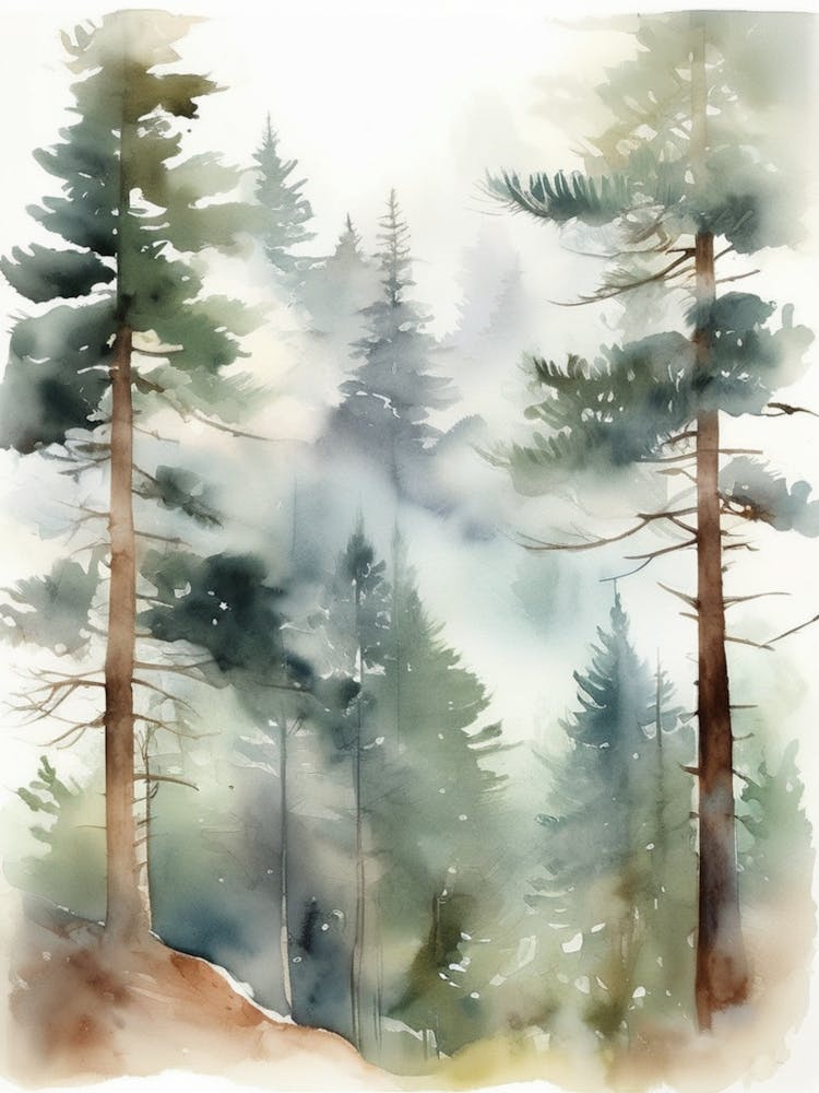Appalachian Mountains of Misty Pines Watercolor Print of Evergreen Forest..128