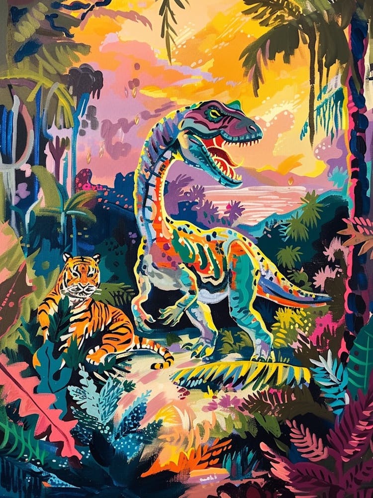 Colourful Tiger & Dinosaur In The Jungle Painting