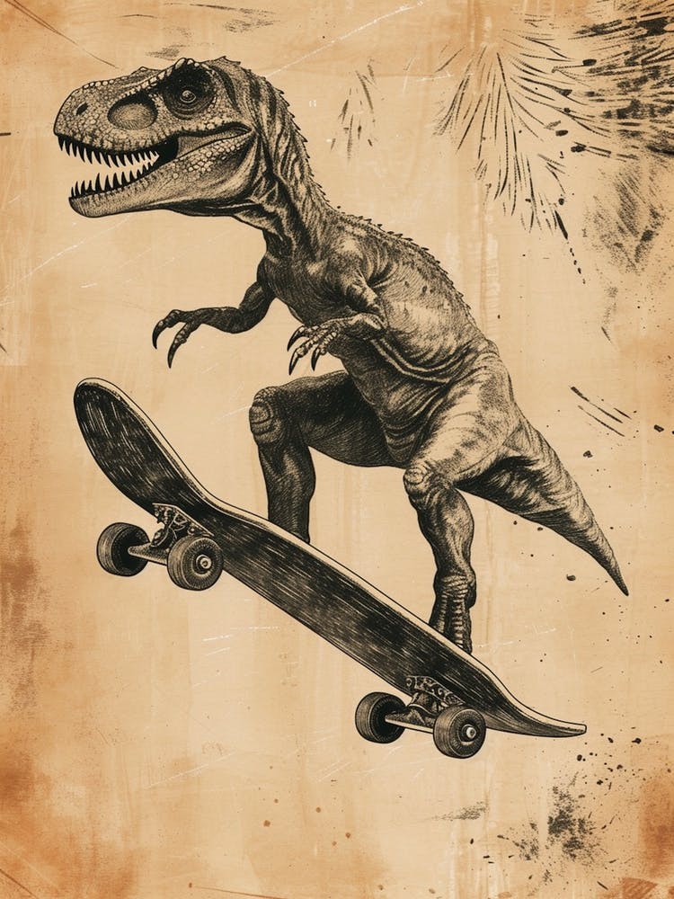 Vintage Protarchaeopteryx Dinosaur On A Skateboard  2