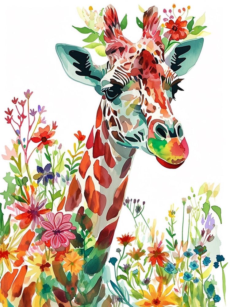 Giraffe With Flowers Watercolour 2