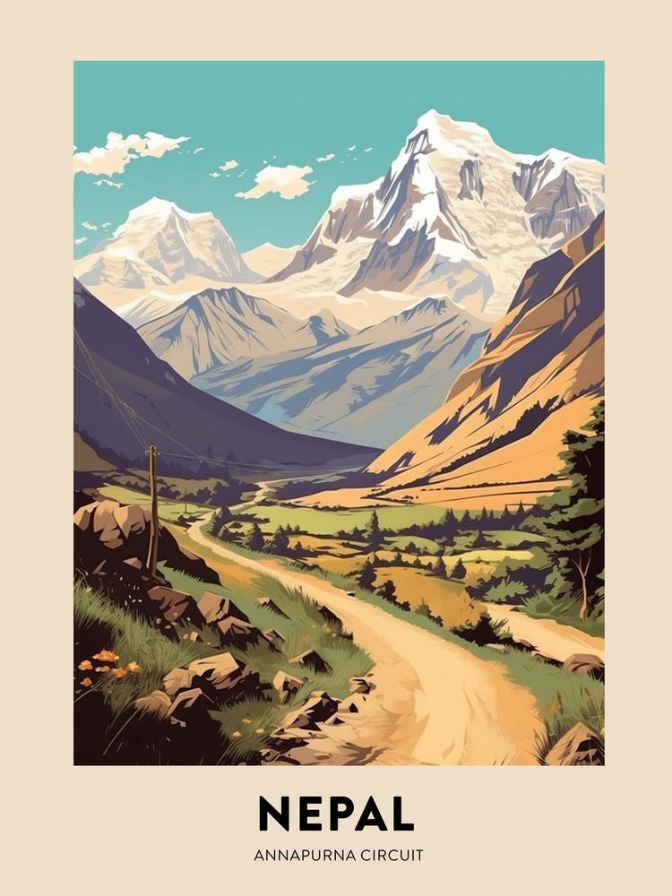 Annapurna Circuit Nepal 2 Vintage Hiking Travel Poster