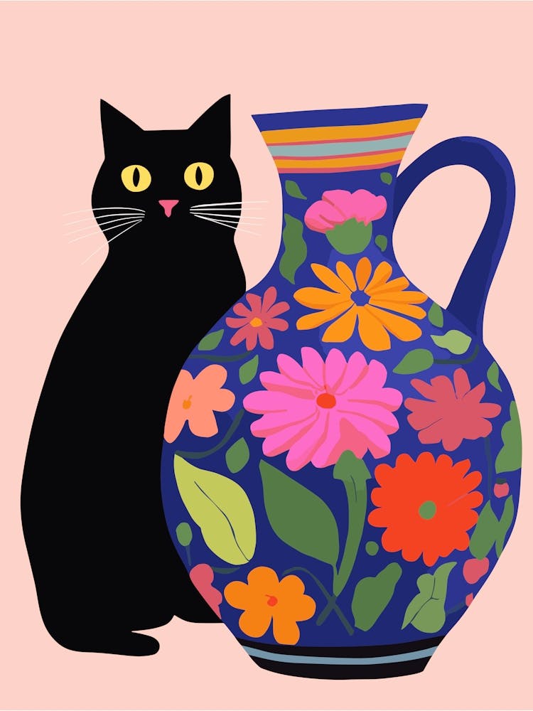 Black Cat With Flowered Vase