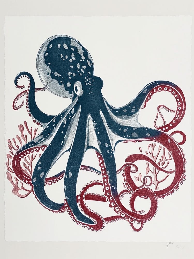 Octopus Red & Blue Silk Screen Inspired 2