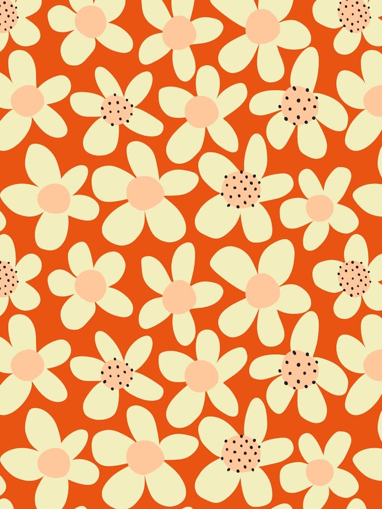 Playful Blooming Flowers Cream White On Red
