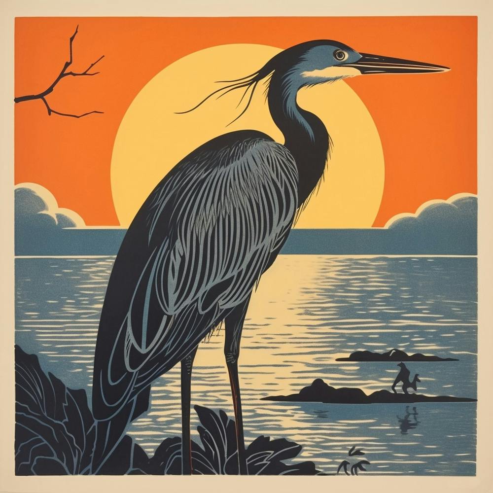 Retro Bird Lithograph Great Blue Heron 3