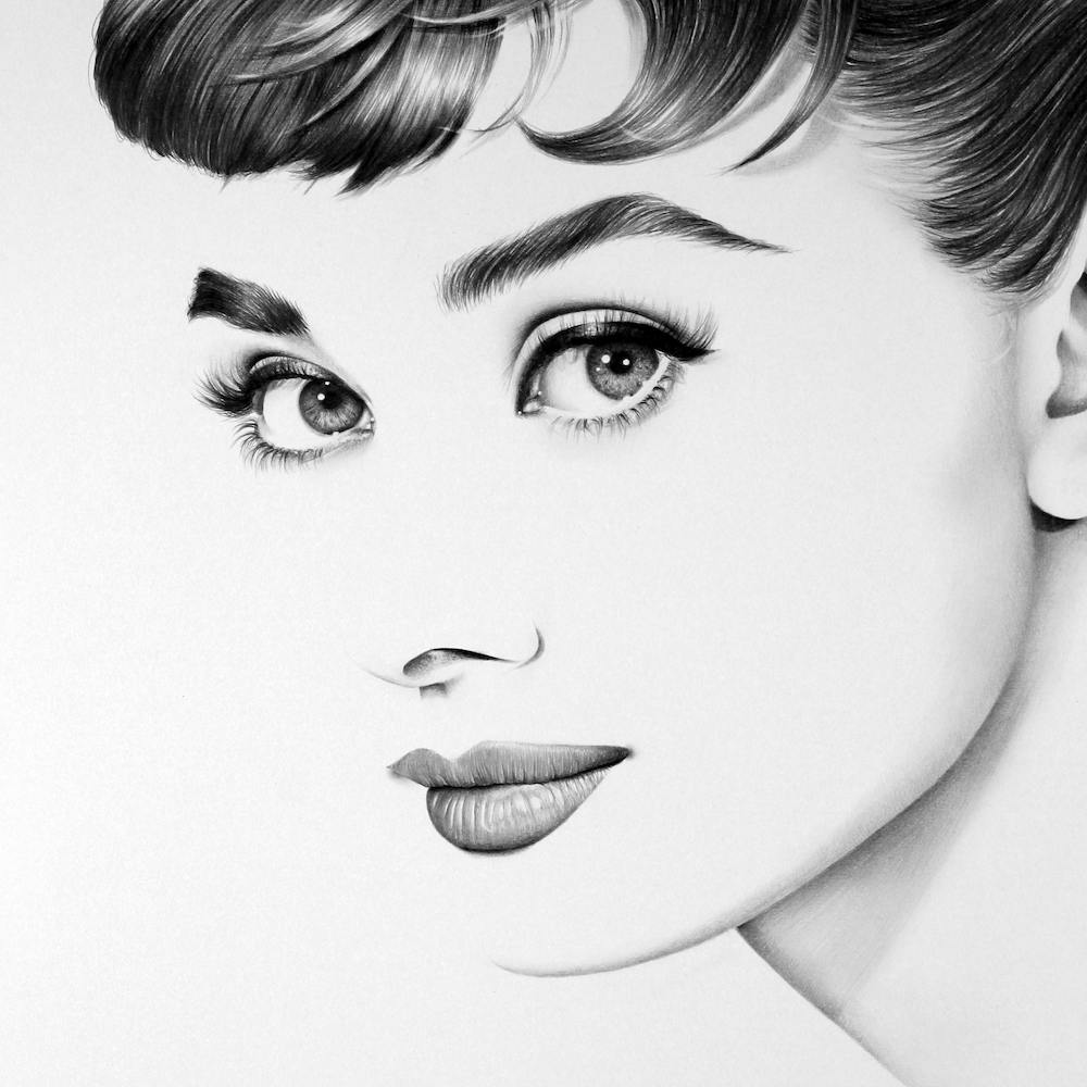 Audrey Hepburn Minimal Drawing Black and White Portrait Close Up