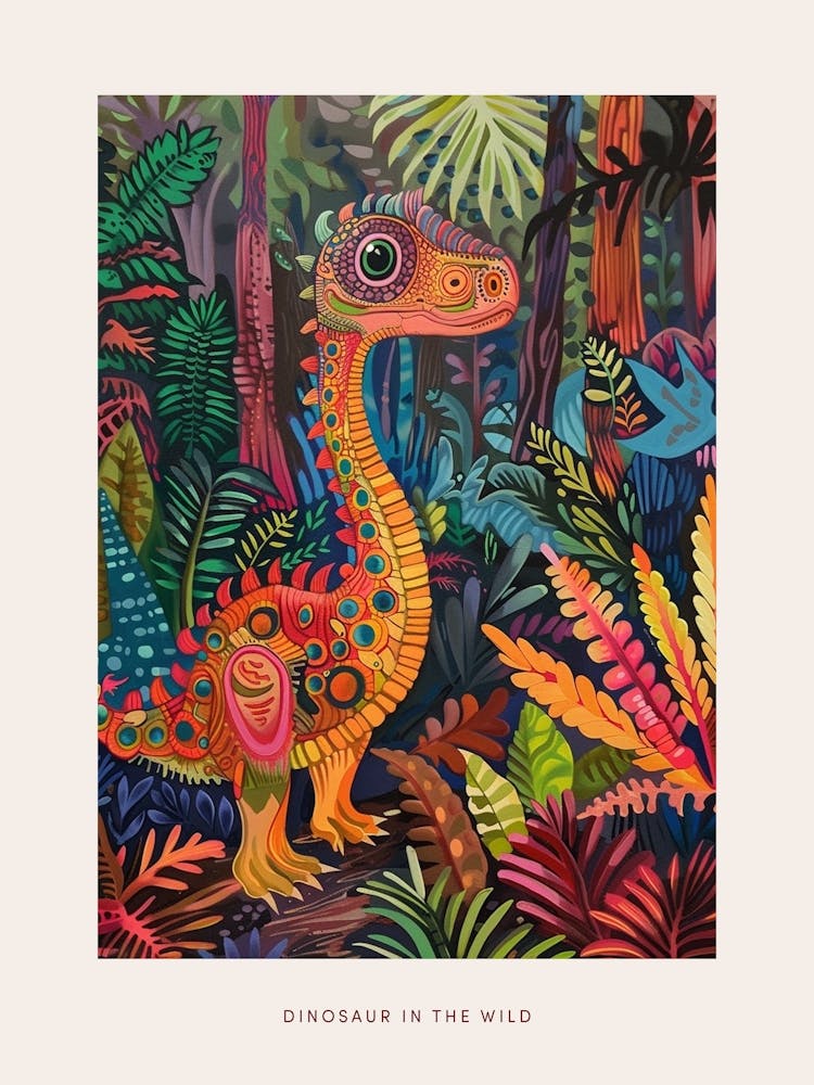 Colourful Dinosaur In The Leaves 2 Poster