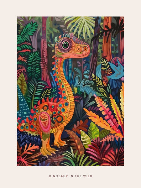 絵画 DINO PLANT Colourful Dinosaur In The Leaves 2 Poster Art Print by Dino