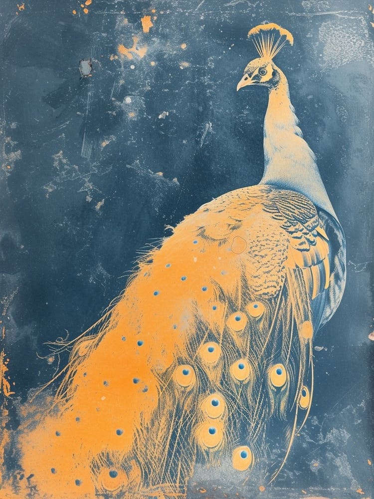Vintage Peacock Portrait With Orange Feathers