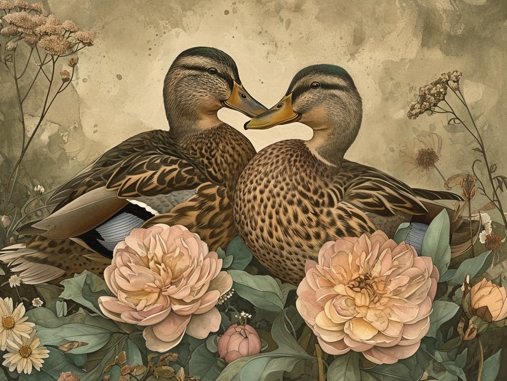 Floral Animal Illustration Mallard Duck 3