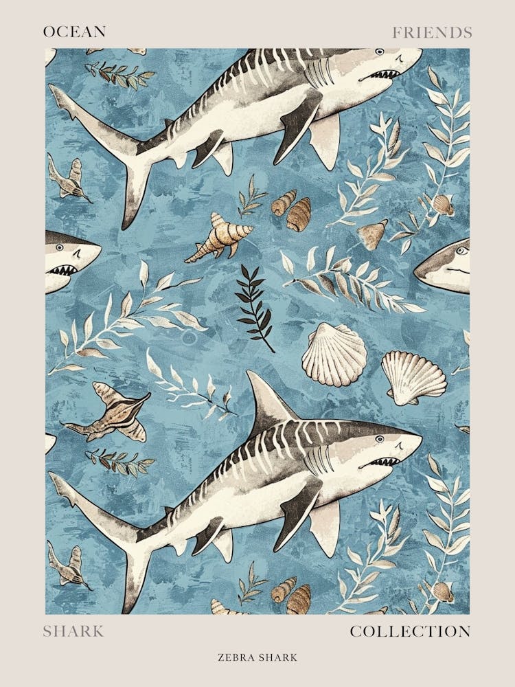 Pastel Blue Zebra Shark Watercolour Seascape Pattern 3 Poster