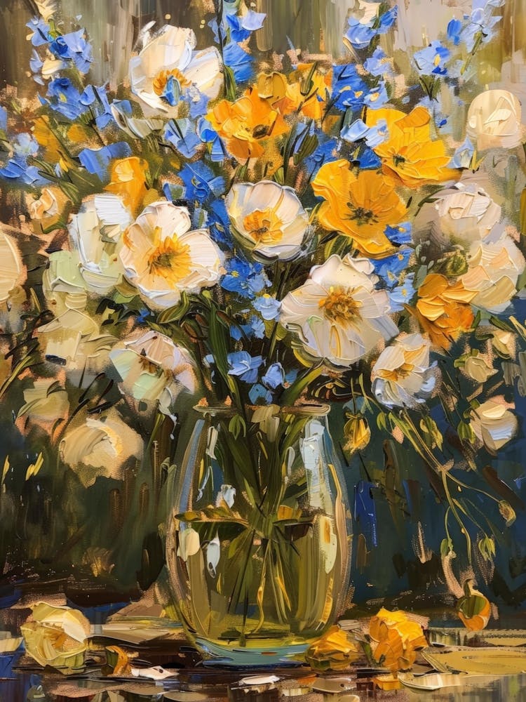Blue And Yellow Flowers In A Vase
