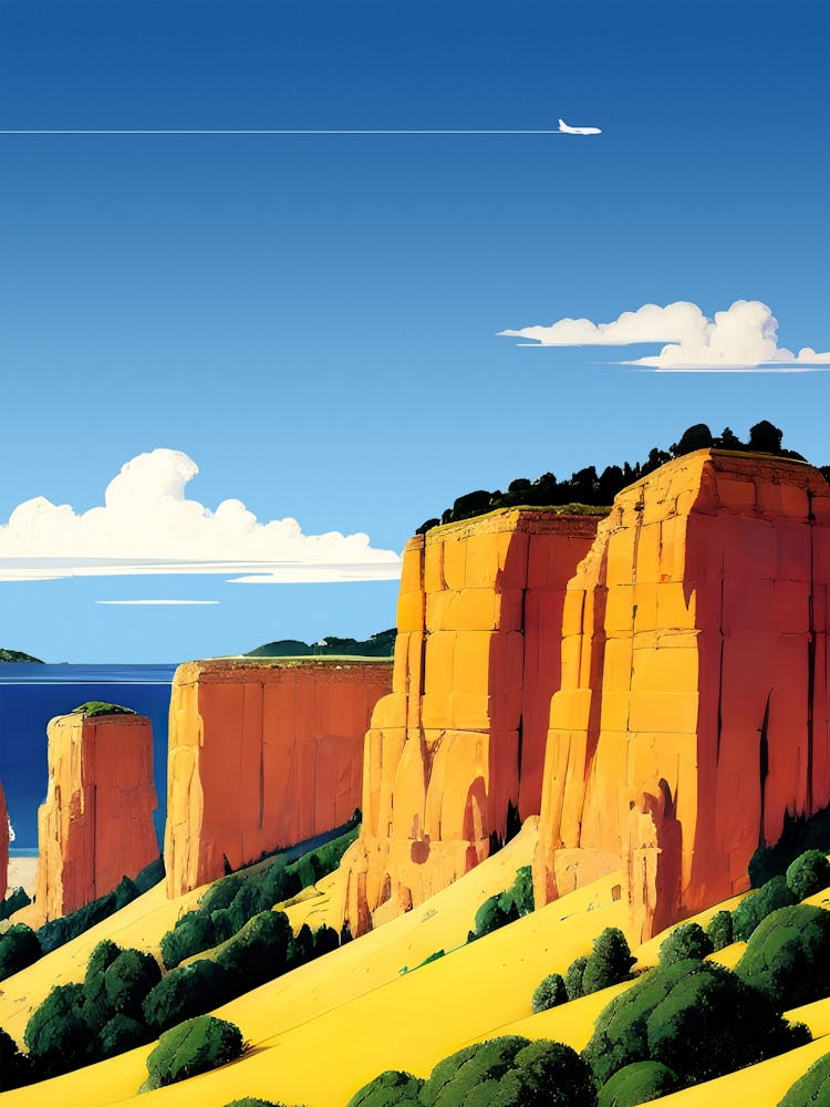 Japan, mountains and rocks on the sea — City Pop art, anime landscape poster, retrowave/vaporwave poster, 80s, panoramic poster. Hayao Miyazaki style