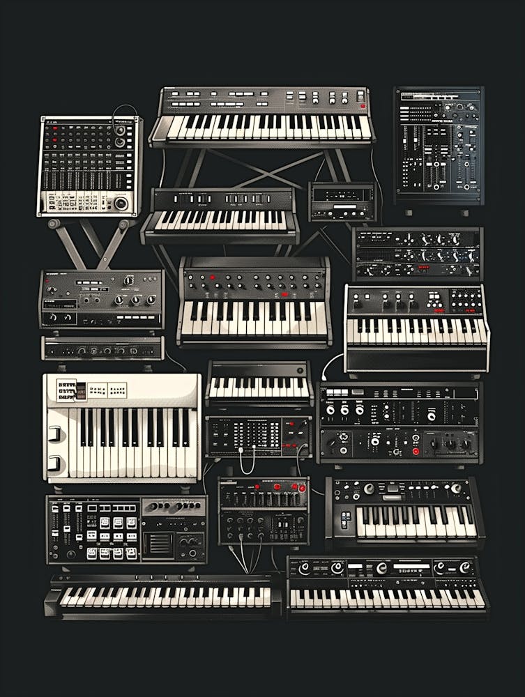 Illustration Of A Lot Of Analog Synths In Front And Cenital View In The Style Of Postage Stamp, Black Background, Minimalistic, Vector