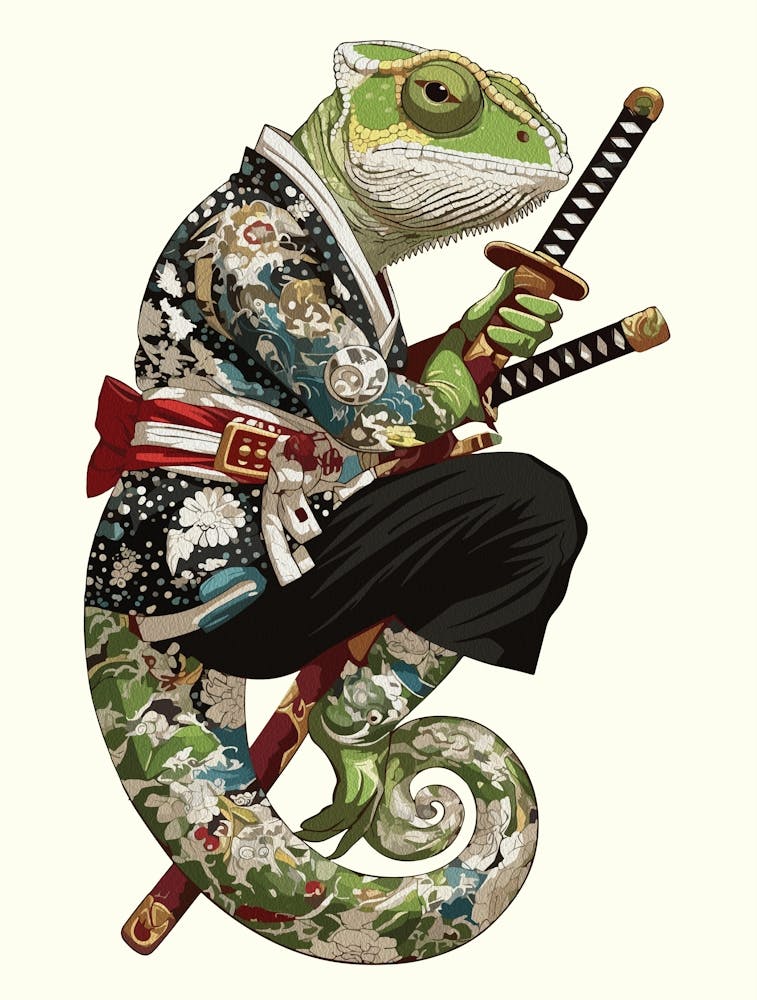 Chameleon Samurai Tattooed Warrior With Katana Blades