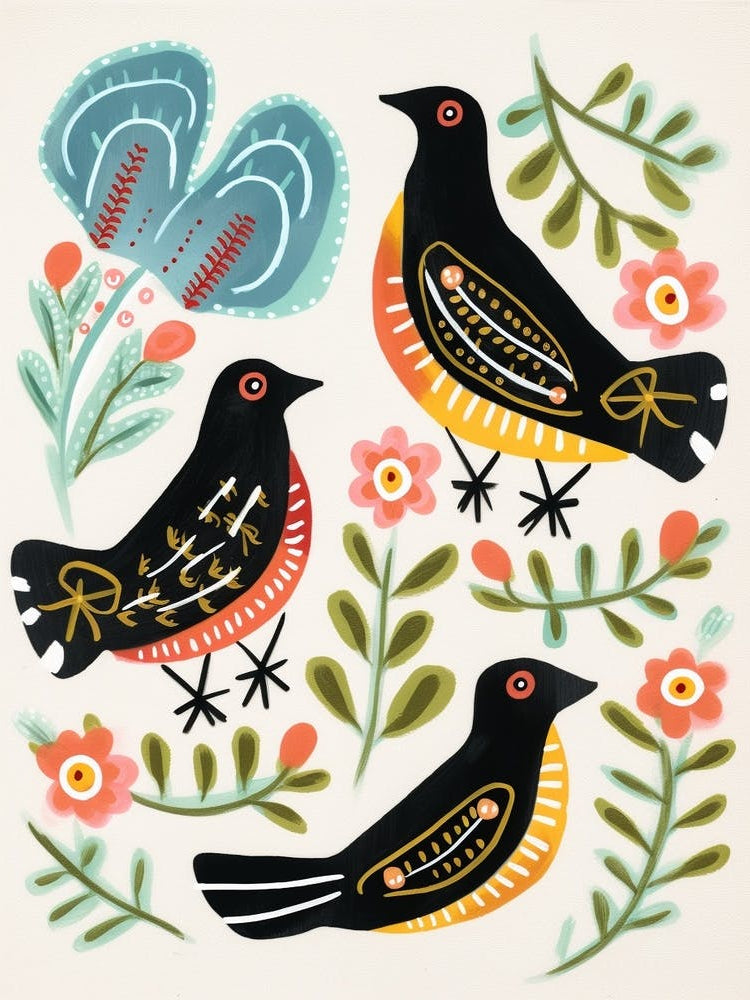 Folk Style Bird Painting Blackbird 2