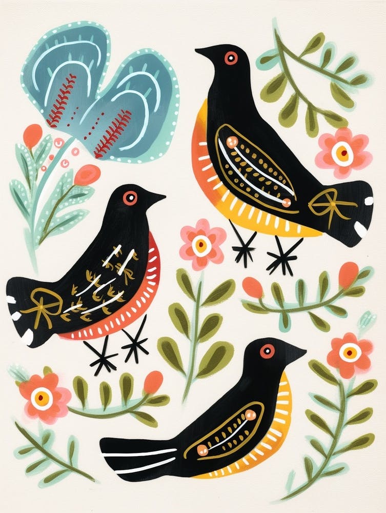 Folk Style Bird Painting Blackbird 2