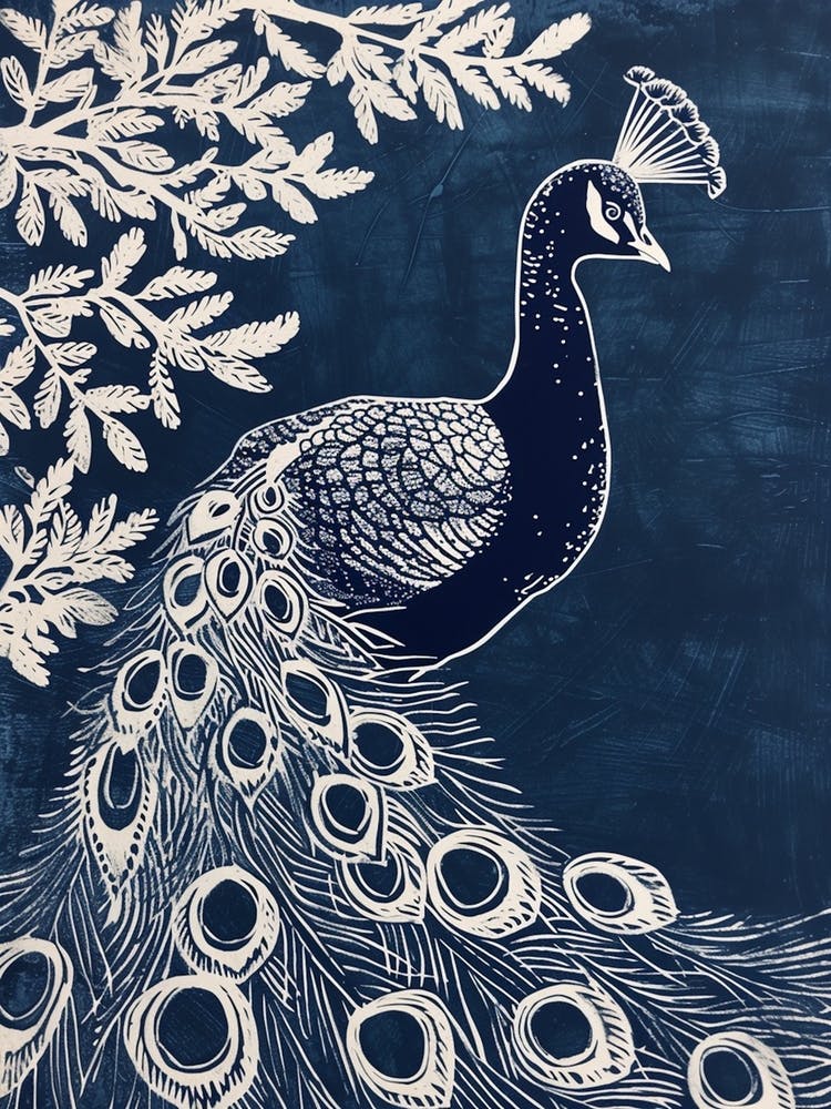 Navy Blue Inspired Peacock With Leaves 2