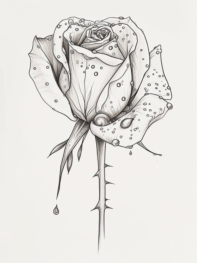 English Rose Dew Line Drawing 3