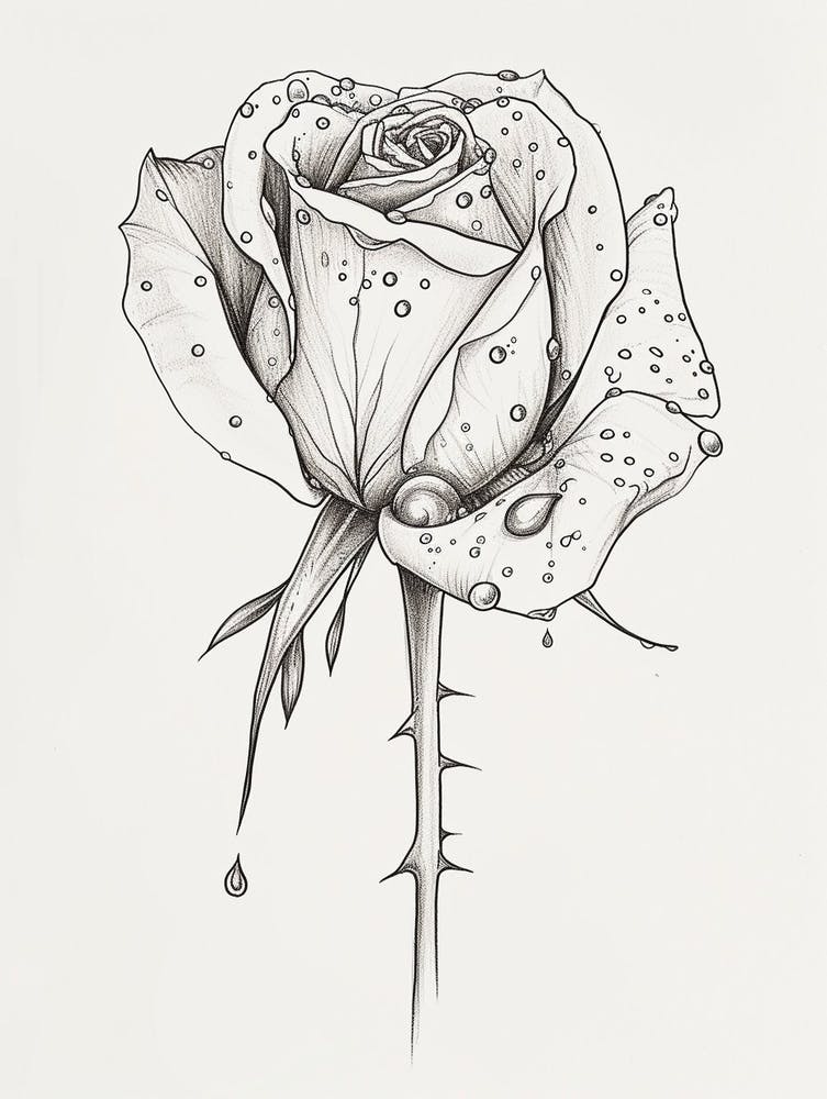 English Rose Dew Line Drawing 3