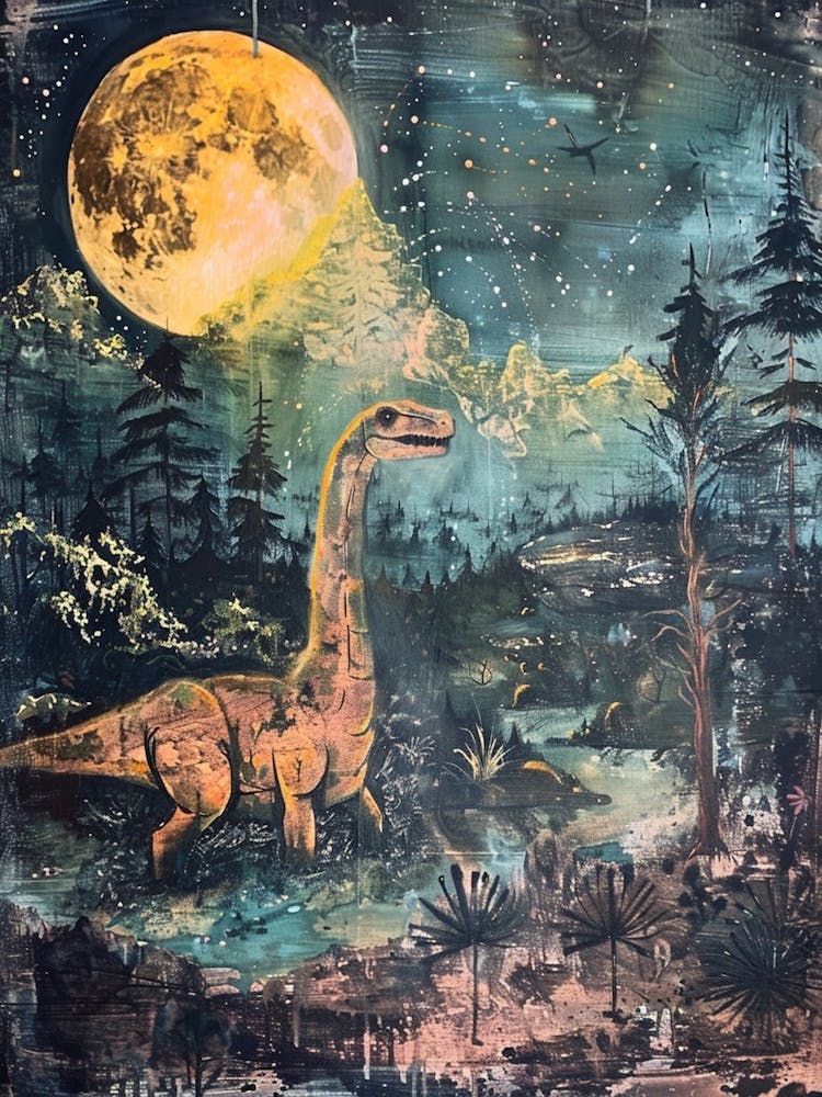 Dinosaur Under The Moon Painting 3