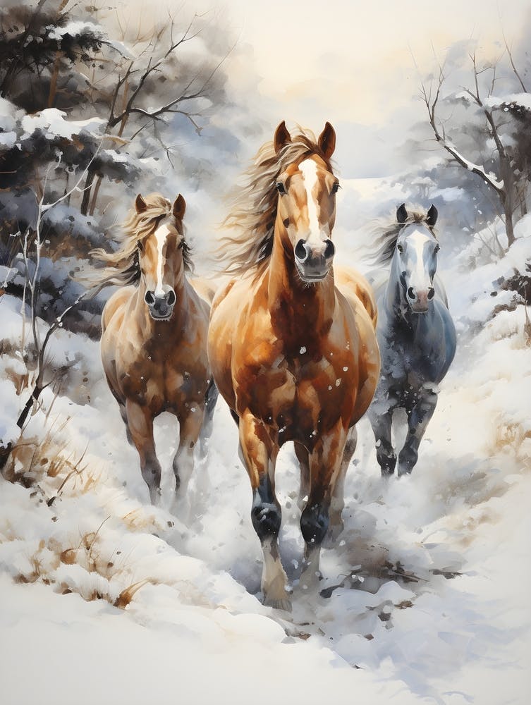 Three Horses Running In The Snow