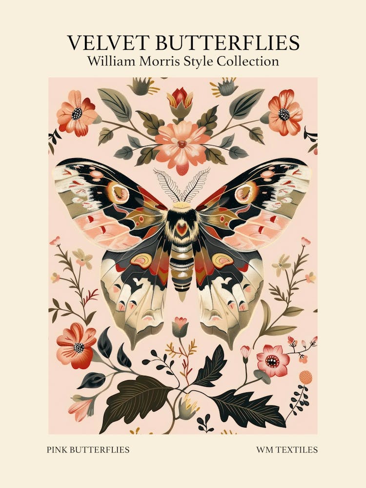 Velvet Butterflies Collection Pink Butterflies William Morris Style 7