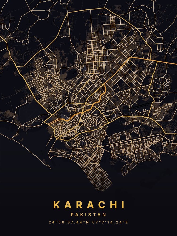 Karachi Pakistan Black And Gold Map