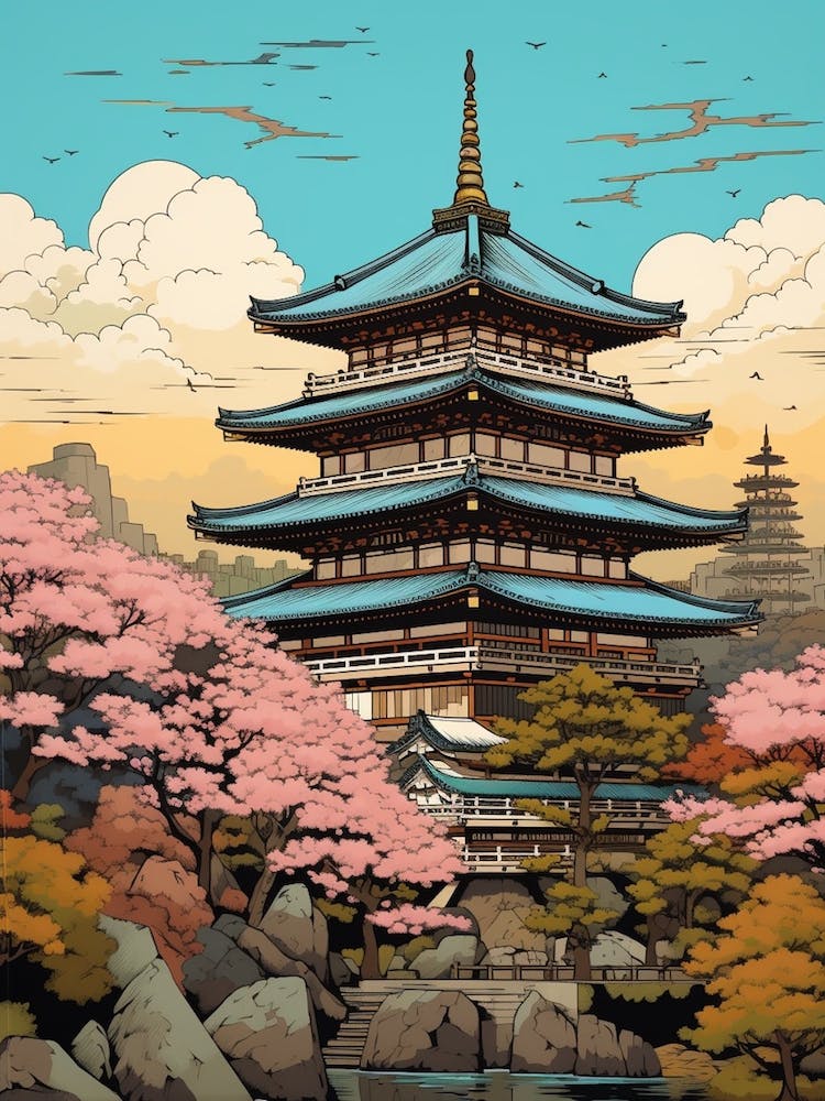 Okayama Castle, Japan Vintage Travel Art 2