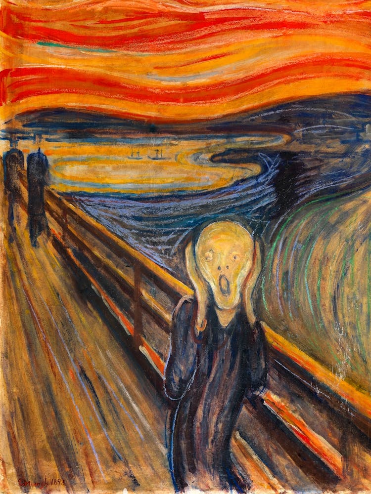Edvard Munch "The Scream" or Skrik Painted in 1893 - Fully Remastered and Digitally Cleaned up Image - Signed and With the Inscription in Norwegian he Imbedded in the Sky - "Kan Kun Være Malet af en Gal Mand!” (“Can Only Have Been Painted by a Madman!”) H