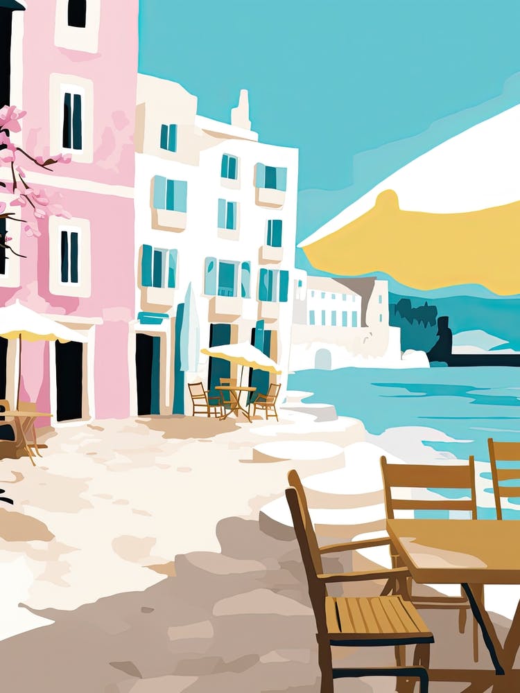Mykonos, Greece, Flat Pastels Tones Illustration 3