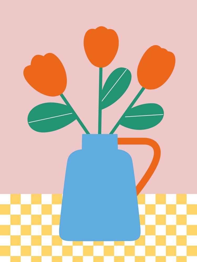 Blue Vase With Red Tulips