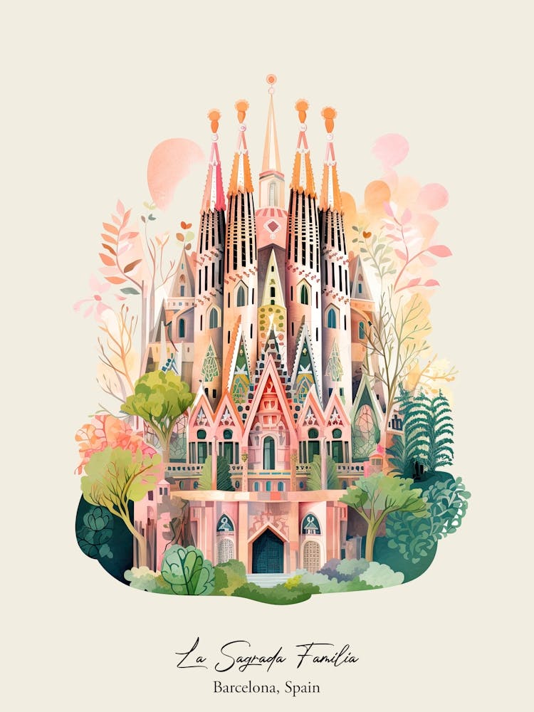 La Sagrada Familia   Barcelona, Spain   Cute Botanical Illustration Travel 4 Poster