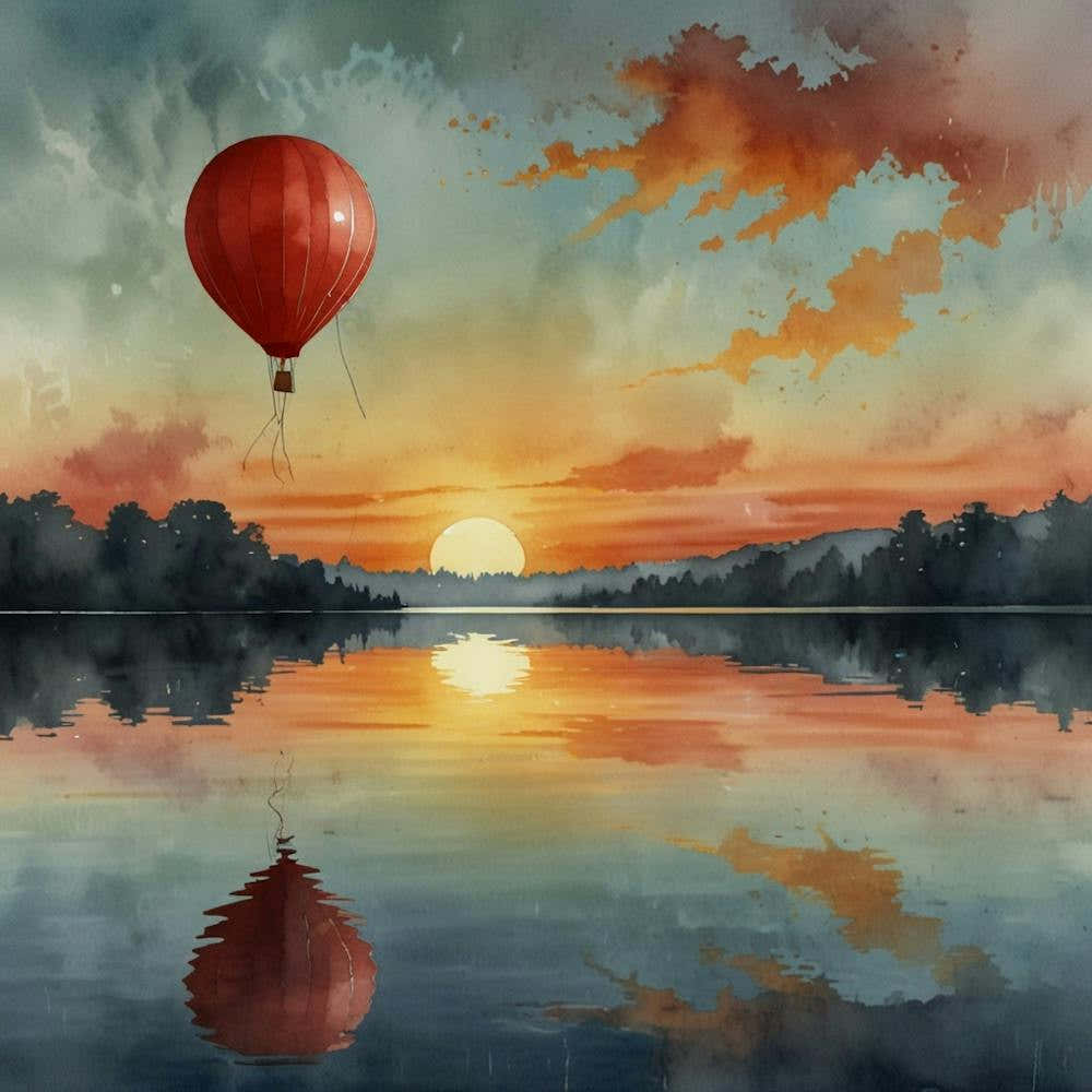 Red Hot Air Balloon At Sunset