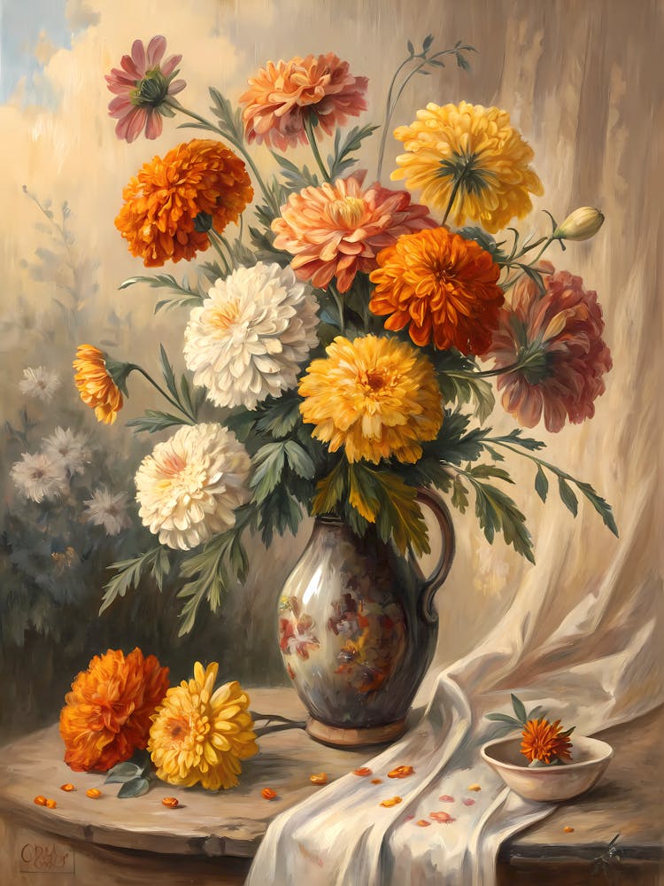 Oil Painting Style Autumn Chrysanthemum Bouquet Rustic Still Life with Pitcher