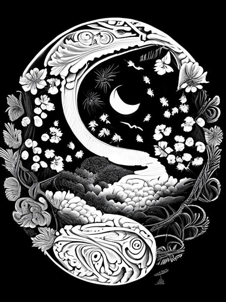 Black And White Abstacr Yin and Yang Linocut